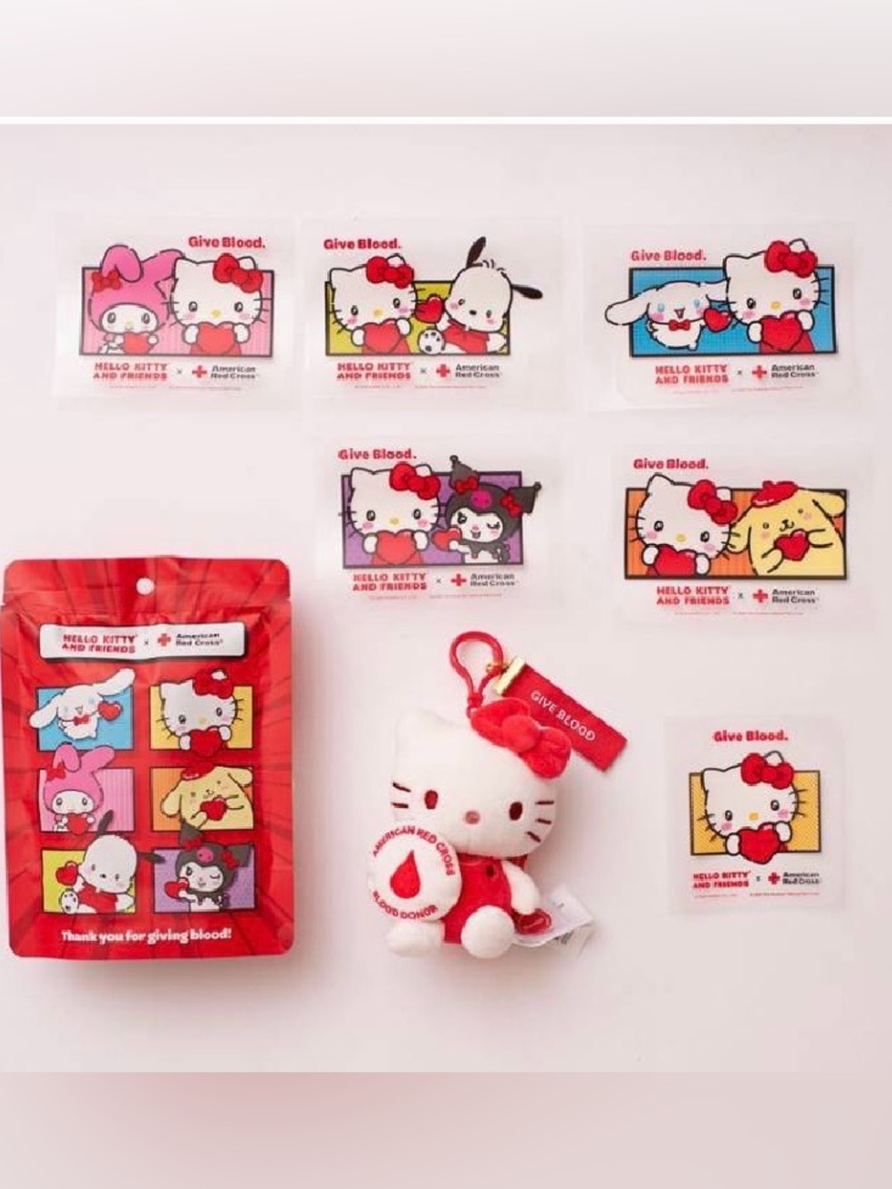 New Hello Kitty x Red Cross Plush Mascot Clip w/Surprise Blind Bag Sticker Pack